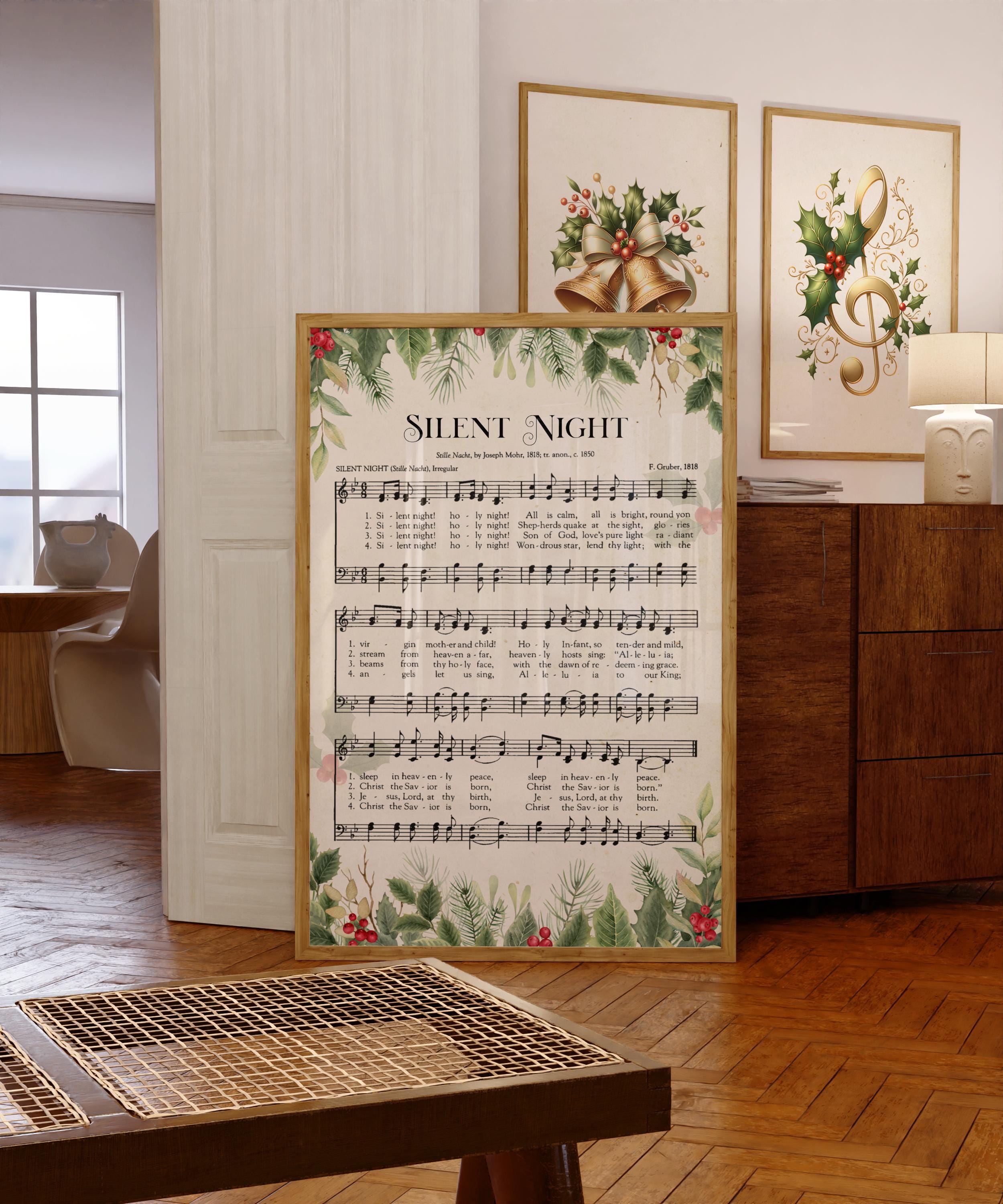 Silent Night Vintage Christmas Carol Wall Art Print, Holiday Music