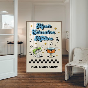 May include: A retro-style poster with the text "Music Education Matters" in blue and white lettering. The poster features a cartoon keyboard and drum playing music. The text "Play. Learn. Grow." is at the bottom of the poster.