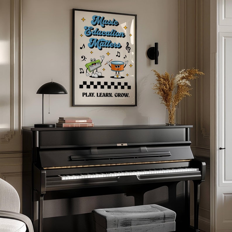 May include: A poster with a retro design featuring a cartoon accordion and drum playing music. The poster reads "Music Education Matters" and "Play. Learn. Grow."