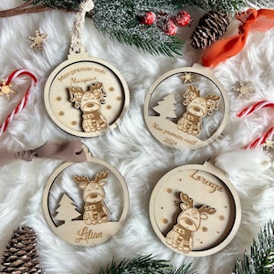 Palla di Natale, personalizzata, il mio primo Natale, idea regalo, decorazione, nome, renna, ornamento natalizio, legno, pizzo