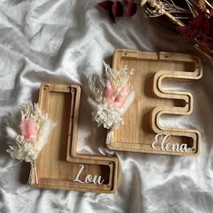 Alcancía carta inicial personalizada, nacimiento, bautismo, idea de regalo, flores secas, arco iris, selva, safari, mariposa, bosque