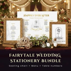 May include: A fairytale wedding stationery bundle with a seating chart, menu, and table numbers. The set includes framed menus and a seating chart with gold accents. A decorative carriage and bottles are also present, with the text "Happily Ever After".