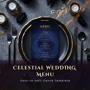 Celestial Wedding Menu Template | Cosmic Starry Night Event | Moon & Stars Reception Menu | Editable Canva | Alternative Wedding Stationery