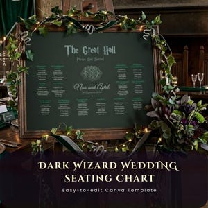 May include: A dark green wedding seating chart with the text "The Great Hall" and "Naa and April". The chart is framed in wood and decorated with greenery and fairy lights. The bottom of the image reads "DARK WIZARD WEDDING SEATING CHART".