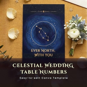 May include: A celestial-themed wedding table number card with a dark blue starry background and a constellation illustration. The card reads "Ever North, With You" and "Celestial Wedding Table Numbers". A small bouquet and decorative elements are also present.