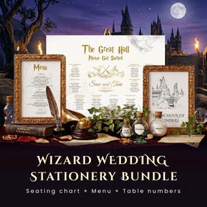 May include: Wizard wedding stationery bundle featuring a menu, seating chart, and table numbers. The menu is in a gold frame with a feather quill. The seating chart is in a gold frame with the text "The Great Hall". The table numbers are in glass bottles.