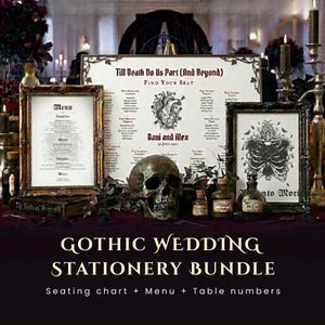 Gothic Hochzeit Briefpapier Set | Sitzplan + Menükarte + Tischkärtchen | Alternative Hochzeit | Bearbeitbare Canva-Vorlagen