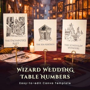 May include: Three table number cards with illustrations and text, held in gold stands. The cards read "The Enchanter's Alley," "The Sea Fortress," and "The School of Wonders." The text "Wizard Wedding Table Numbers" is below the cards. A candle and books are in the background.