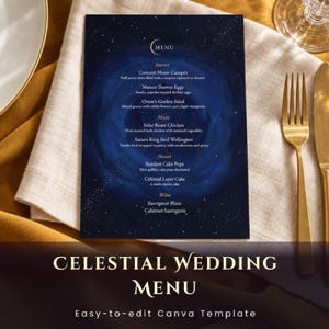 May include: A rectangular menu card featuring a deep blue galaxy background with white stars and constellations. The text includes sections for Starter, Main, Dessert, and Wine, listing items like Crescent Moon Canapés and Solar Roast Chicken.
