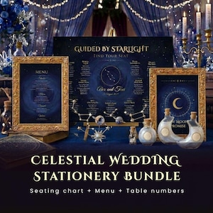 May include: Celestial wedding stationery bundle featuring a seating chart, menu, and table numbers. The design includes a dark blue background with gold accents and celestial elements. The menu and seating chart are in ornate gold frames. Decorative bottles and candles complete the scene.