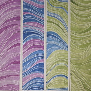 May include: Four vertical watercolor paintings with wavy, striped patterns. The color schemes include purple, blue, and green, with white lines accentuating the wave-like designs. The artwork has a handmade, artistic feel.