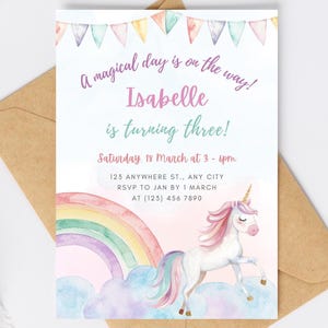 Unicorn Birthday Invitation Template Pastel Unicorn Party Invite Editable Rainbow Unicorn Invitation Magical Day Fairytale Birthday Invite