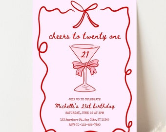 Pink 21st Birthday Invitation Template Editable Hand Drawn 21st Birthday Party Invite Hello Twenty One Bow Coquette Birthday Invite
