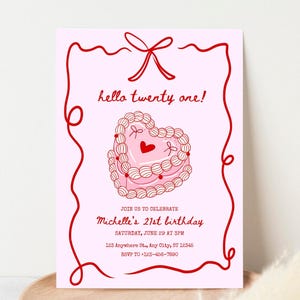 Pink 21st Birthday Invitation Template Editable Hand Drawn 21st Birthday Party Invite Hello Twenty One Bow Coquette Birthday Invite