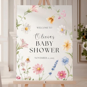 Wildflower Baby Shower Welcome Sign Template Spring Baby Shower Editable Welcome Sign Baby in Bloom Baby Shower Welcome Sign Canva Printable