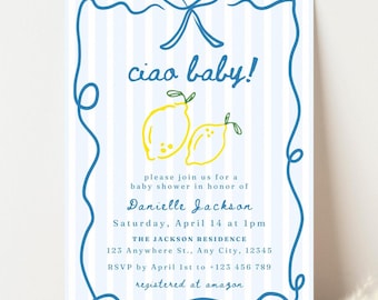 Invitación para baby shower Ciao. Plantilla de invitación para baby shower Ciao Bambino. Baby shower con temática italiana. Baby shower italiano. Invitación para baby Ciao.