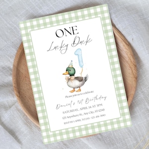 One Lucky Duck Birthday Invitation Template Editable Lucky Duck Invite First Birthday Duck Theme Lucky Duck Birthday 1st Birthday Invite