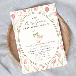 Silly Goose Baby Shower Invitation Green Baby Shower Invite Printable Gender Neutral Baby Shower Floral Baby Shower Mother Goose Baby Shower