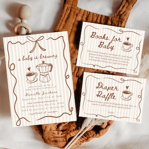 Invitation café baby shower sur le thème du café, livres d'invitation pour le brassage de couches, carte de tombola Un bébé en train de brasser une invitation Cafe Bebe