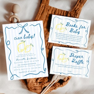 Ciao babyshower uitnodiging citroen babyshower uitnodiging Italiaanse thema babyshower boeken voor baby luier loterij kaart Ciao bambino boekverzoek