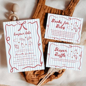 May include: Baby shower invitations and inserts with a French cafe theme. The invitation reads "bonjour bébé" with illustrations of croissants, coffee, and a coffee pot. The inserts include requests for books and a diaper raffle, all with red accents.