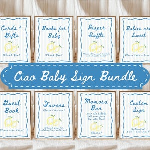 K&ouml;nnte beinhalten: Ein Set von Babyparty-Schildern mit Zitronen-Thema. Jedes Schild hat einen blau-wei&szlig; gestreiften Hintergrund und einen dekorativen Rahmen. Die Schilder enthalten Texte wie "Cards + Gifts", "Books for Baby" und "Ciao Baby Sign Bundle".