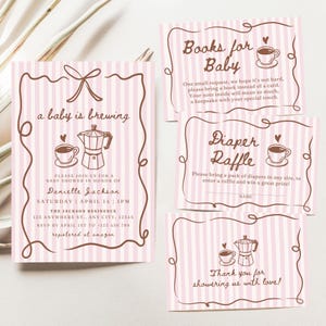 May include: Pink and white striped baby shower invitations with brown text and illustrations. The main invitation reads "a baby is brewing" with details for Danielle Jackson's shower. Additional cards request books and diapers.