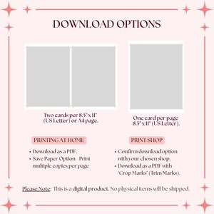 K&ouml;nnte beinhalten: Eine rosa Grafik f&uuml;r den digitalen Download mit dem Text &bdquo;DOWNLOAD-OPTIONEN&ldquo;. Es zeigt zwei Layoutoptionen: zwei Karten pro 21,6 cm x 27,9 cm Seite oder eine Karte pro Seite. Anweisungen zum Drucken zu Hause und in einer Druckerei sind enthalten.