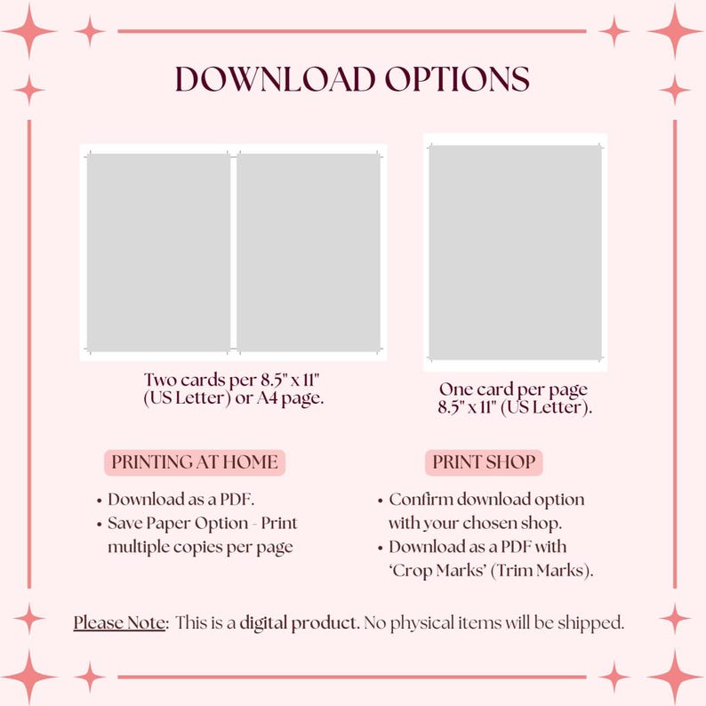 K&ouml;nnte beinhalten: Eine rosa Grafik f&uuml;r den digitalen Download mit dem Text &bdquo;DOWNLOAD-OPTIONEN&ldquo;. Es zeigt zwei Layoutoptionen: zwei Karten pro 21,6 cm x 27,9 cm Seite oder eine Karte pro Seite. Anweisungen zum Drucken zu Hause und in einer Druckerei sind enthalten.