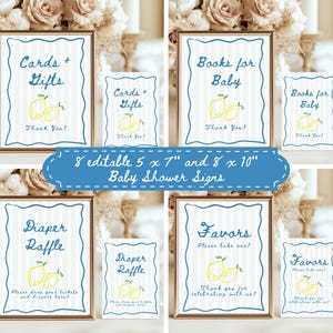 K&ouml;nnte beinhalten: Babyparty-Schilder mit Zitronen-Motiv. Die Schilder enthalten Texte f&uuml;r Geschenke, B&uuml;cher, Windel-Tombola und Gastgeschenke. Die Schilder sind goldfarben gerahmt mit blauem Rand und gestreiftem Hintergrund. Verf&uuml;gbar in 12,7 x 17,8 cm und 20,3 x 25,4 cm.