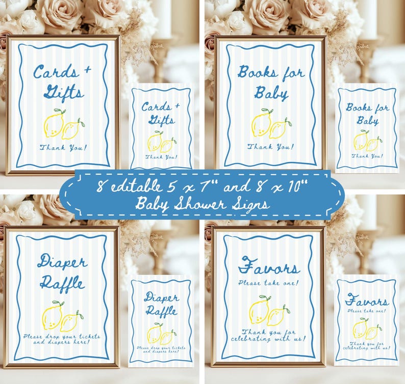 K&ouml;nnte beinhalten: Babyparty-Schilder mit Zitronen-Motiv. Die Schilder enthalten Texte f&uuml;r Geschenke, B&uuml;cher, Windel-Tombola und Gastgeschenke. Die Schilder sind goldfarben gerahmt mit blauem Rand und gestreiftem Hintergrund. Verf&uuml;gbar in 12,7 x 17,8 cm und 20,3 x 25,4 cm.