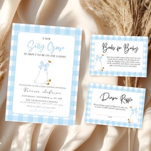 Invitation baby shower Silly Goose sur le thème de l'oie, invitations pour baby shower, livres pour couche-culotte tombola, ensemble de baby shower Boy Goose