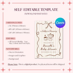 May include: A printable baby shower invitation template with a coffee pot and cup design. The text reads "a baby is brewing" and "Welcome to Danielle's Baby Shower, November 24, 2025".