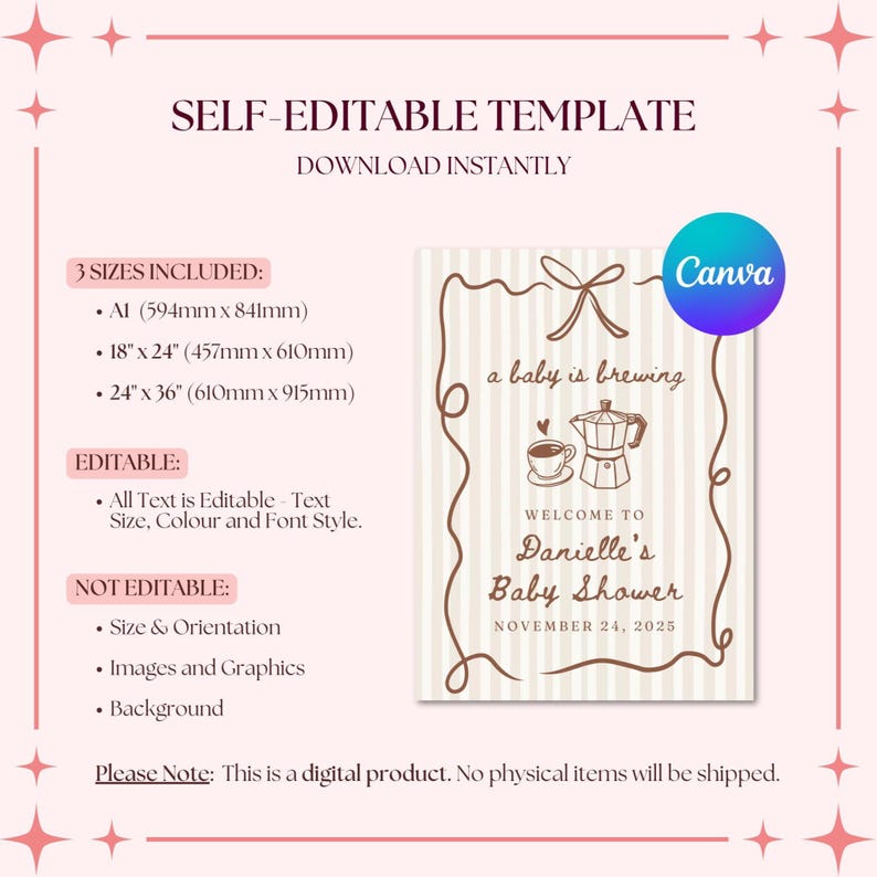 May include: A printable baby shower invitation template with a coffee pot and cup design. The text reads "a baby is brewing" and "Welcome to Danielle's Baby Shower, November 24, 2025".