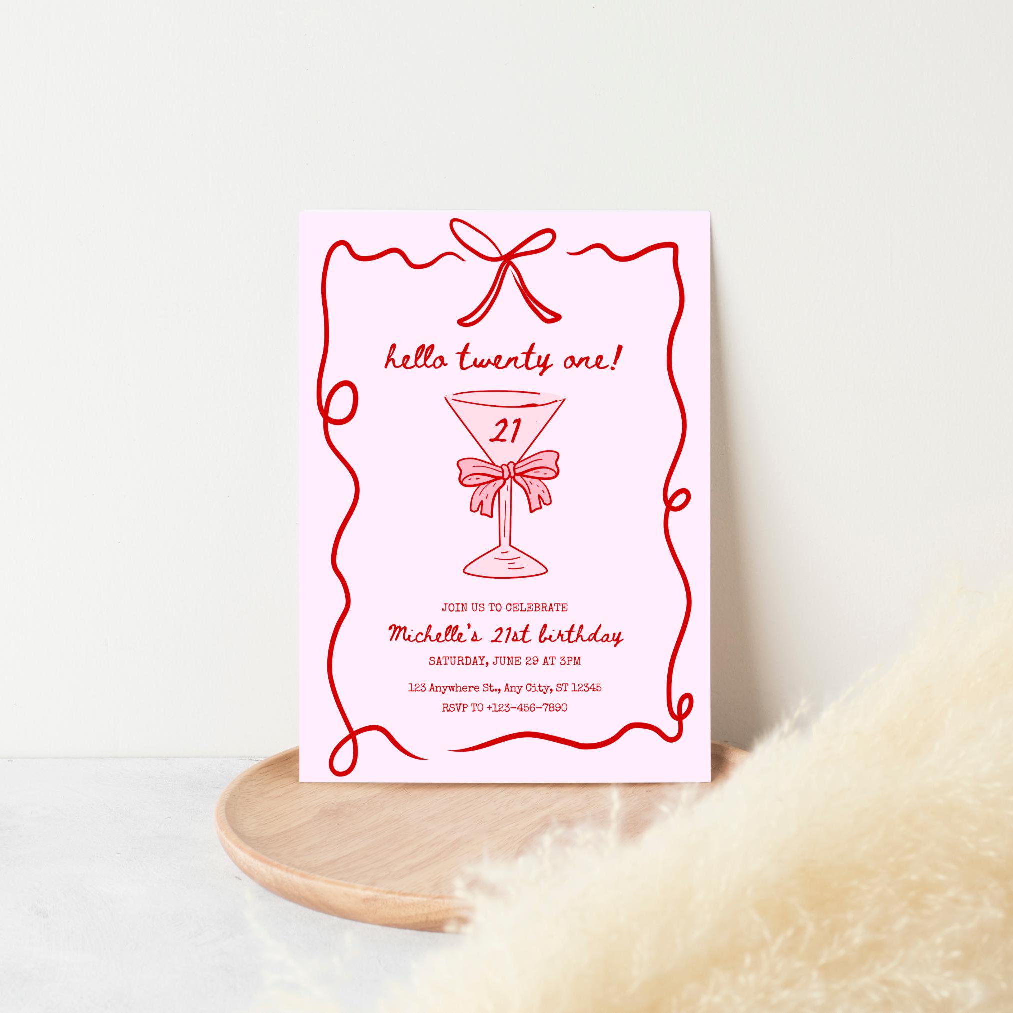 Pink 21st Birthday Invitation Template Editable Hand Drawn 21st Birthday Party Invite Hello Twenty One Bow Coquette Birthday Invite