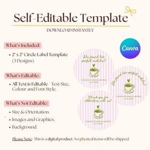 May include: A digital template for a bridal shower, featuring editable circle labels. The labels have a pink and white striped background with a teacup graphic and the text "She found her perfect matcha!" and "Thank you for celebrating with us!"