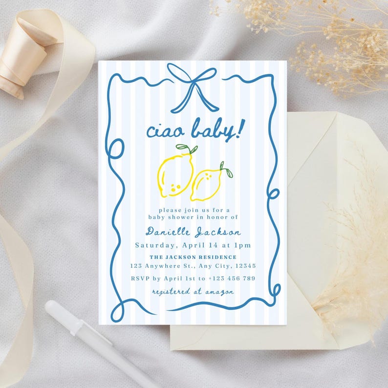 May include: A blue and white striped baby shower invitation with a blue ribbon and the text "ciao baby!" in blue. Two yellow lemons are illustrated on the invitation. The text "Danielle Jackson" is printed in blue. The invitation includes the date, time, and location of the baby shower. The text "registered at amazon" is printed in blue.