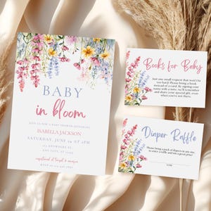 Baby in bloei baby uitnodiging sjabloon set bewerkbare wilde bloemen boek verzoekkaart bloemen luier loterij kaart bloemen baby shower uitnodigingsset