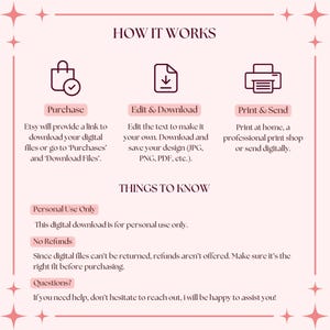May include: A pink and white graphic with the text "HOW IT WORKS" at the top. Three icons represent the steps to purchase, edit, and download a digital product. The text below the icons explains the process. The text "THINGS TO KNOW" is in a larger font size. The text below explains that the digital download is for personal use only and that refunds are not offered.