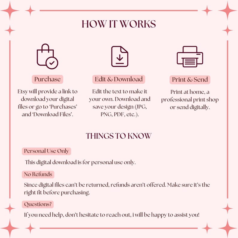 May include: A pink and white graphic with the text "HOW IT WORKS" at the top. Three icons represent the steps to purchase, edit, and download a digital product. The text below the icons explains the process. The text "THINGS TO KNOW" is in a larger font size. The text below explains that the digital download is for personal use only and that refunds are not offered.