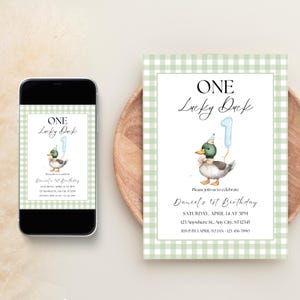 May include: Green and white gingham patterned invitation with a cartoon duck wearing a party hat and holding a blue number one balloon. The text reads "ONE Lucky Duck" and includes details for a first birthday party.