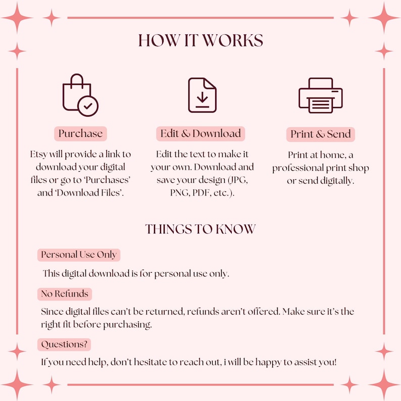 May include: Pink and white graphic with instructions on how to purchase, edit, and print a digital download. The text reads "How it Works", "Purchase", "Edit & Download", "Print & Send", "Things to Know", "Personal Use Only", "No Refunds", and "Questions?"