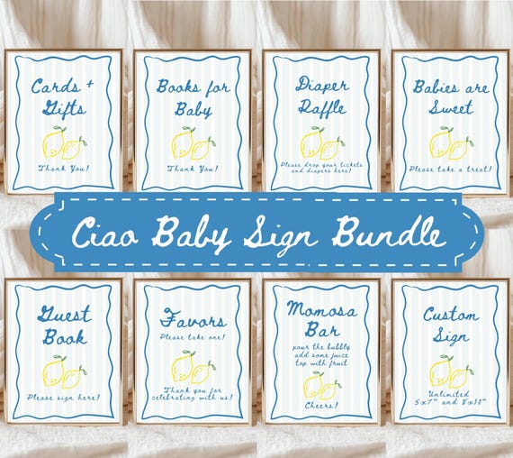 Ciao Baby Shower Sign Bundle Ciao Bambino Italian Baby Shower Sign Blue Lemon Baby Shower Theme Boy Baby Shower Sign Set Canva Printable
