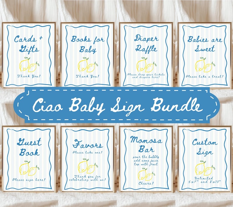 K&ouml;nnte beinhalten: Ein Set von Babyparty-Schildern mit Zitronen-Thema. Jedes Schild hat einen blau-wei&szlig; gestreiften Hintergrund und einen dekorativen Rahmen. Die Schilder enthalten Texte wie "Cards + Gifts", "Books for Baby" und "Ciao Baby Sign Bundle".