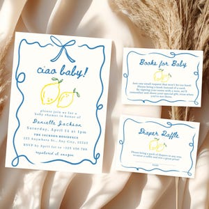 Ciao babyshower boeken voor baby kaart Italiaanse thema babyshower luier loterij kaart Ciao bambina uitnodiging sjabloon citroen babyboek verzoek kaart