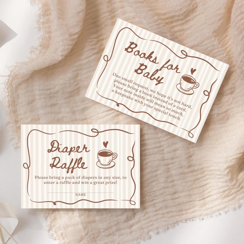 May include: Two baby shower invitation cards with a beige and brown color scheme. One card reads "Books for Baby" and the other says "Diaper Raffle". Both cards have a coffee cup illustration and decorative borders.