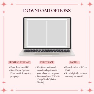 May include: A laptop displays a document with two blank sections. The image includes text that reads "DOWNLOAD OPTIONS" and details for printing at home, print shop, and digital download options, including PDF, JPG, and PNG formats.