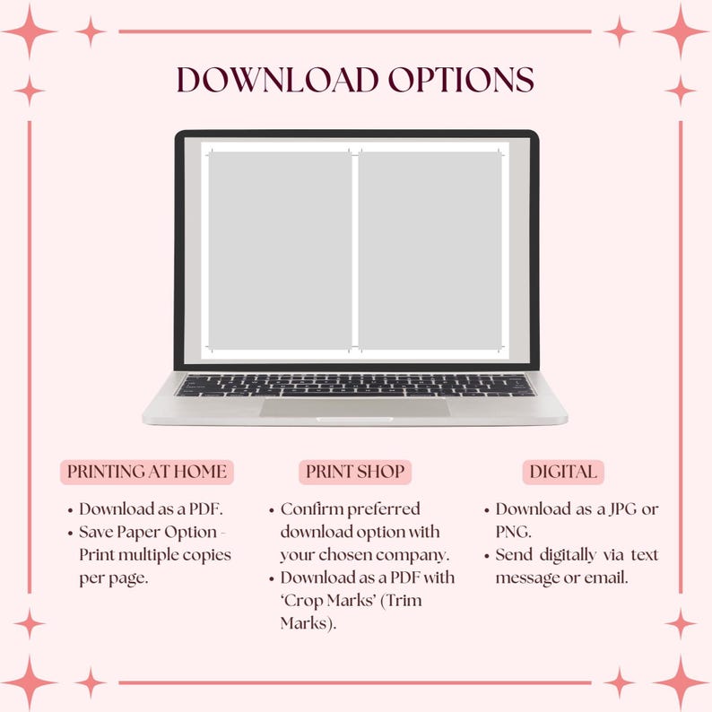 May include: A laptop displays a document with two blank sections. The image includes text that reads "DOWNLOAD OPTIONS" and details for printing at home, print shop, and digital download options, including PDF, JPG, and PNG formats.