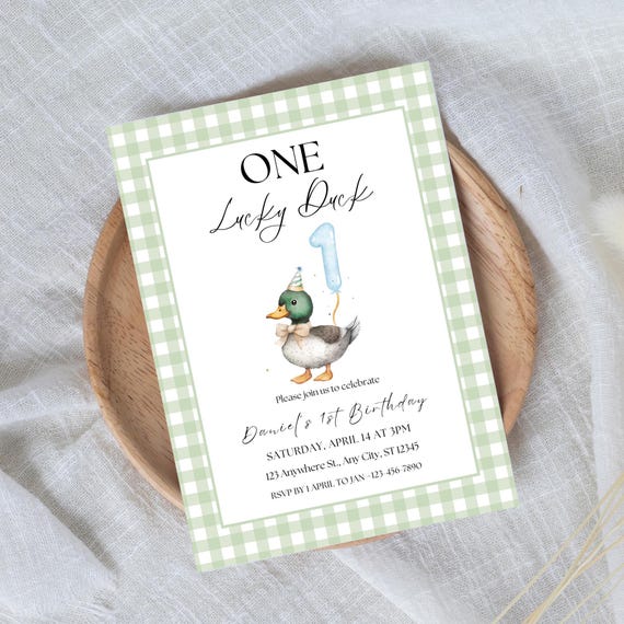 One Lucky Duck Birthday Invitation Template Editable Lucky Duck Invite First Birthday Duck Theme Lucky Duck Birthday 1st Birthday Invite