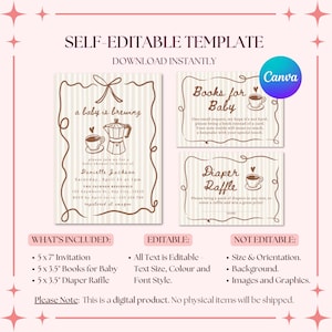 May include: A self-editable baby shower template with a soft pink background. The design includes an invitation, a "Books for Baby" card, and a "Diaper Raffle" card. The invitation features a coffee pot and cup illustration. The text is editable.